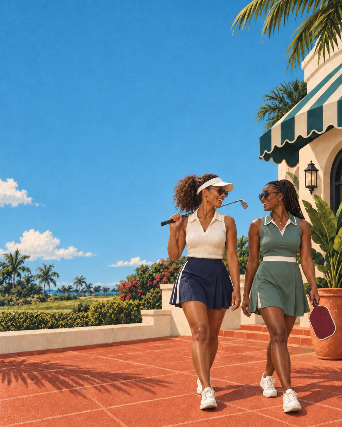 Two stylish women walking together after golf and pickleball