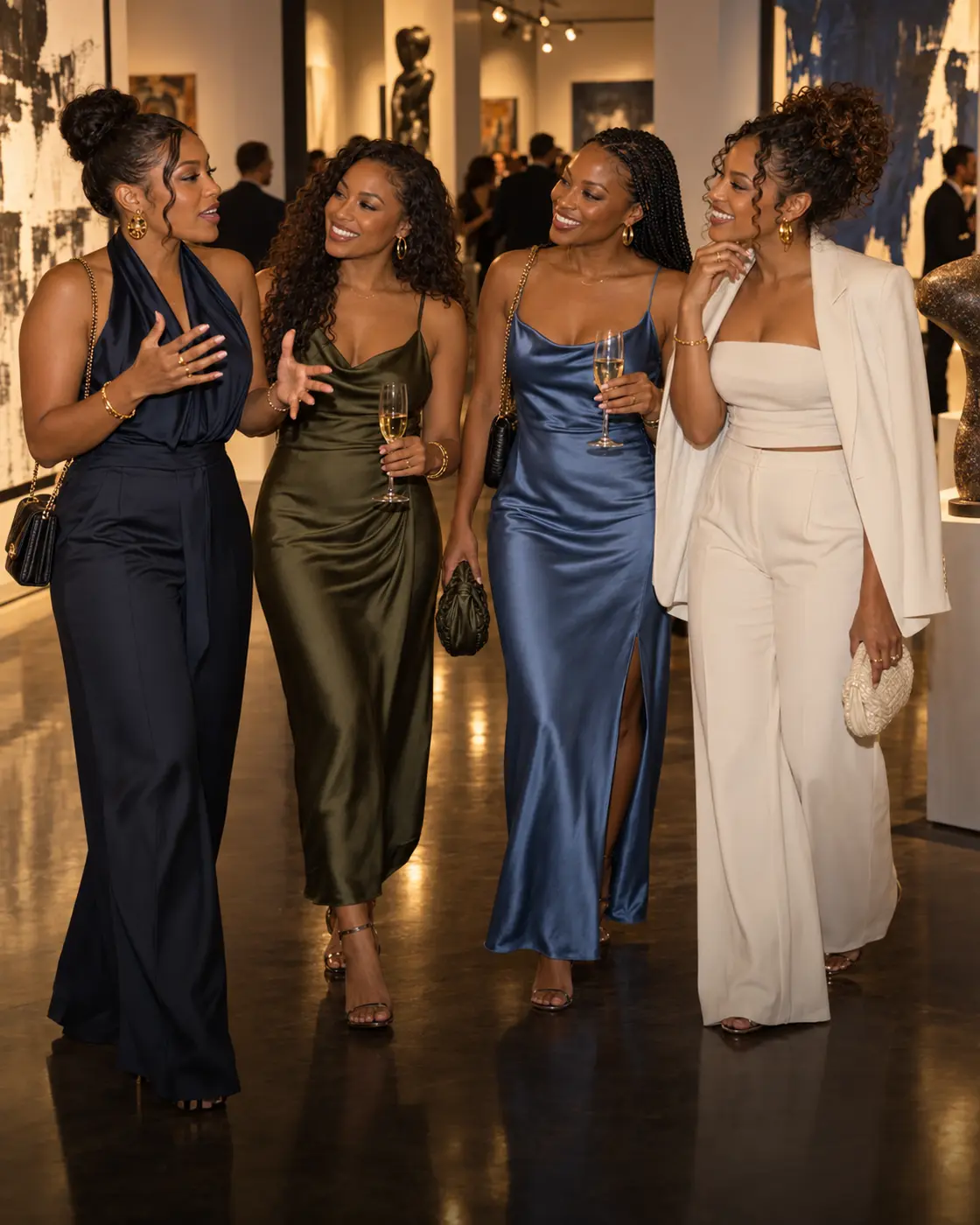 Four women talking together at an elegant gallery evening